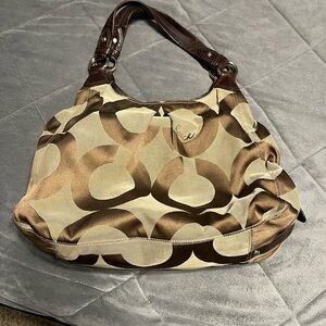 Coach Brown and Tan Shoulder Bag with Signature Monogram